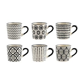 H&H Vhera Set 6 Tazzine Caffè in Stoneware (85 ml) – Eleganti Tazzine Bianco/Nero con Decorazioni Geometriche e Floreali – Lavabili in Lavastoviglie e Utilizzabili in Microonde