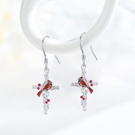 Cardinal Earrings 925 Sterling Silver Cross Cardinal Dangle Earrings Red Bird Earrings for Women Hypoallergenic Animal Drop Earrings Memorial Sympathy Cardinal Jewelry Gift