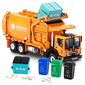 FUBARBAR Metal Garbage Truck Toy Model – 1:43 Diecast Recycling Waste Transport Truck with Trash Bin, Pull Back Model Car Toy for Kids Boys (Orange)