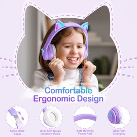LOBKIN Bluetooth 5.3 Children's Headphones with Bag - RGB LED Light Cat Ears Foldable Stereo Headset Support Wireless and Wired - Kids Headphones on Ear for Girls Boys Toddlers - Purple