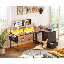 ODK 55-Inch Reversible L-Shaped Computer Desk with 4 Drawers, Office Desk with LED Lights & USB Power Outlets, Corner Desk with CPU Shelf & Monitor Stand, Study/Writing/Work Table for Bedroom, Vintage