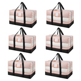 6 Pack Large Moving Bags, Clear Storage Bag with Zipper, Heavy Duty Packing Bags with Wrap Around Handles for Travel, Camping and College Dorm Room (Clear and Black, 6 Pack)