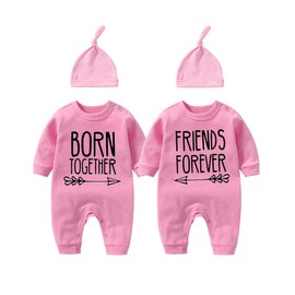 YSCULBUTOL Baby twins bodysuit with hat Born together friend forever baby boy clothes Toddler girl clothes Baby shower (Pink BBfbodysuit, 7-9 Months)
