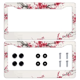 Cherry Blossom License Plate Frame Beautiful Flowers License Plate Personalise Stainless Steel Metal Car Plates Funny License Plate Frames Decorative for Men Women 12.2"x6.2" 2Pcs
