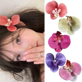 5Pcs Women Orchid Flower Hair Clips Hawaiian Artificial Flowers Headdress for Bridal Wedding Accessory Hair Pins Hair Barrette(Random Color)