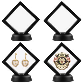4Pcs 3D Floating Frame with Stand, Challenge Coin Display Holder, Small Shadow Box for Earrings, Rings, Brooch, Military Medal, Black, 2.75x2.75 inches