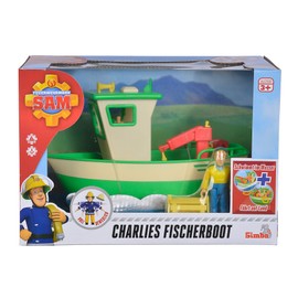 Simba Fireman Sam Charlie’s Fishing Boat with Charlie Figure, Moving Crane and Mechanical Winch, Floats on the Water, 19 cm for Ages 3 and Up