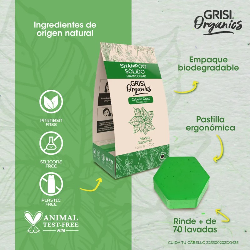 Grisi Organics, Shampoo Sólido Menta, 75 Gr