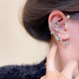 WZNBBOY 2PCS Sparkly Rhinestone Butterfly Ear Cuff Earrings Shiny Butterfly Wings Non Piercing Ear Clips Fake Earrings Cartilage Climber Cuff Wrap Ear Jewelry for Women Girls (Gold)