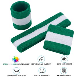 FACATH Sweatbands Set Sports Headband and Wrist Sweatbands, Cotton Sweat Band for Athletic Men and Women, Sweatbands Sports Headbands for Working Out, Running, Basketball, Tennis (Green/White/Green)