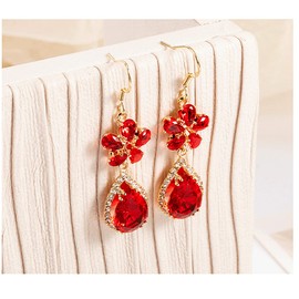 Austrian Crystal Rhinestone Red Floral Gold Plated Crystal Drop Earrings for Women Bridal Jewellery Gift for Bride Wedding Cubic Zirconia Austrian Crystal Rhinestone Rhinestone, Cubic Zirconia