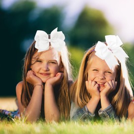 4 PCS 6 Inch Big Hair Bow Clips For Girls,Bow Clip with Tails Hair Bows Alligator Clips (White)