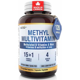 Herba Methylated Multivitamin with 500mg TMG & Methylated B Complex - 120 Capsules | 15 in 1 Formula | B Complex Vitamins for Women & Men including Methyl Folate Supplement | Vegan | Made in Canada