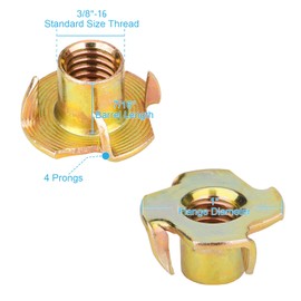 3/8"-16 T-Nuts (45 Pack), Yellow Zinc-Plated Steel Corrosion Resistant T Nut, 7/16" Barrel Length, 4-Pronged Tee Nut for Wood, Rock Climbing Holds, Cabinetry