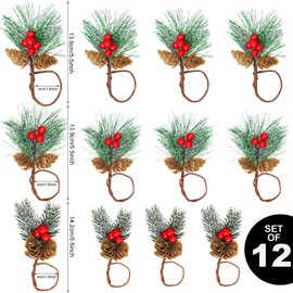 Acmee Christmas Napkin Rings - 12PCS Pine Needles Napkin Rings Holder with Red Berry Pine Cones Decor for Christmas Thanksgiving New Year Party Dinning Table