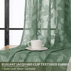 OVZME Sage Green Sheer Curtains 63 inches Long 2 Panels for Living Room, Jacquard Clip Leaf Pattern Textured Light Filtering Window Semi Sheer Voile Drapes for Bedroom, Each Panel 42 x 63 Inch
