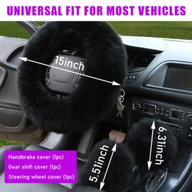 Ziciner 3PCS Wool Steering Wheel Cover with Fuzzy Handbrake Cover & Gear Shift Cover, Universal 15 Inch Steering Wheel Fluffy Soft Protector, Comforting Warm Car Decoration for Women Men (Black)