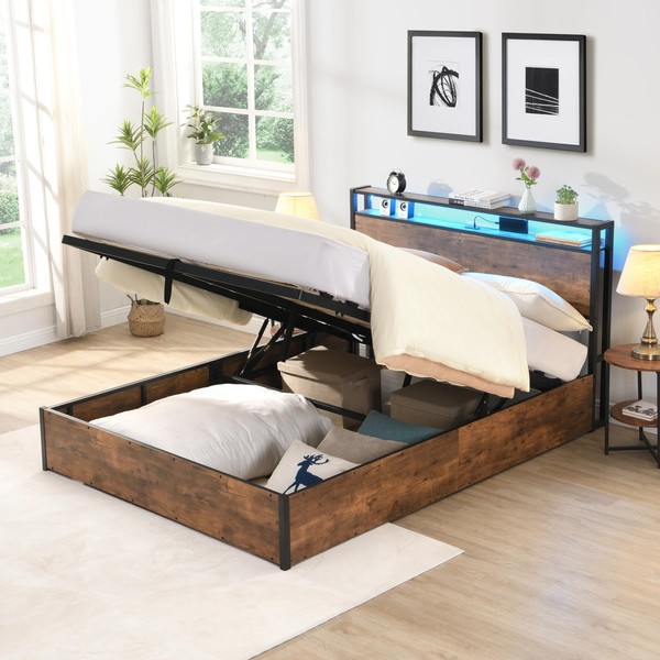 Full-Size Platform Bed with Charging Station and Bookcase Headboard, Wooden