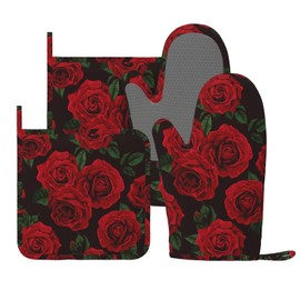 Red Black Rose Flower Oven Mitts and Pot Holders Sets of 4, Heat Resistant Silicone Oven Mittens and Potholders Gloves Hot Pads for Kitchen Cooking Baking Grilling BBQ Chef