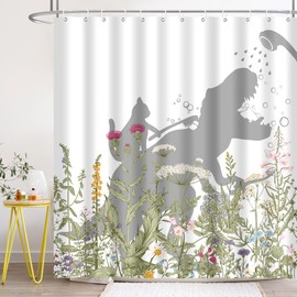 BIYSUC Cat Dinosaur Shower Curtain Funny Cat Help Dino Bathe Behind Wildflowers Trex Silhouette Shadow for Kids Bathroom Home Decor Waterproof Polyester Fabric 72Lx72W Inch with Hooks