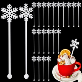 Chengu 100 Pcs Christmas Drink Stirrers Xmas Stir Sticks Bulk Holiday Coffee Stirrers Plastic Swizzle Stick Hot Cocoa Bar Supplies Chocolate Decoration Reusable Cocktail Mixer(White Snowflake)