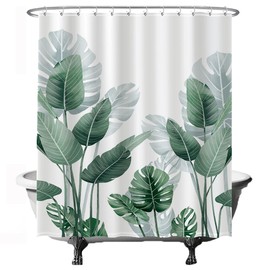 Ulticool Shower Curtain - Leaves Plants Large - 180 x 200 cm - Washable - Anti Mould - with 12 Rings - Green White