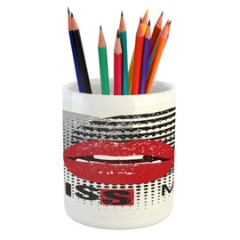 Ambesonne Kiss Me Pencil Pen Holder, Valentine's Day Typography Grunge Background Halftone and Stripes, Printed Ceramic Pencil Pen Holder for Desk Office Accessory, Vermilion Black Off White