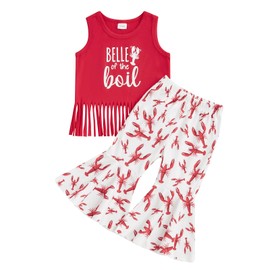 Geagodelia Crawfish Boil Baby Girl Clothes For 1-5 Years Sleeveless Tassel Tank Top Lobster Flare Pants Set Summer Bell Bottom Outfits (Red, 12-18 Months)