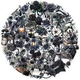 50Pcs Dark Aesthetic Transparent PET Black Rose Goth Style Scrapbook Supplies Water Bottle Waterproof Stickers for Bullet Journal Laptop Skateboard Computer Guitar (DR-PET)