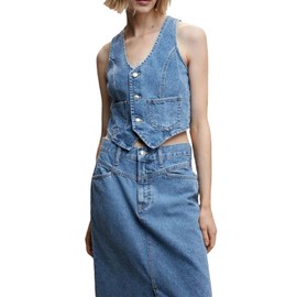 Edhomenn 2024 Womens Denim Vest V-neck Button Down Jean Vest Fashion Waistcoat Vest Y2k Summer Tank Tops Streetwear (01 Blue, L)
