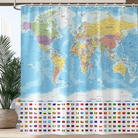 World Map Shower Curtain, Funny World Map National Educational Shower Curtain Set, Kids Boys Girls Geography Fabric Shower Curtain for Bathroom with 12PCS Hooks 72X72IN
