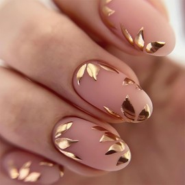YOSOMMK Press on Nails Medium Almond Fake Nails with Leaf Designs Nude Pink Stick on Acrylic Nails Glossy Full Cover False Nails for Women