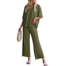 Tankaneo - Conjunto de 2 piezas para mujer, de manga corta, cuello en V, camisetas de pierna ancha, pantalones a juego, Verde Armada (ArmyGreen), L