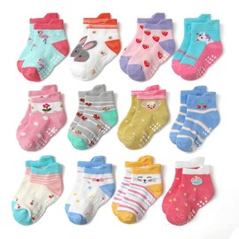 Ayfoone 12 Pairs Baby Socks for Girls Girls Baby Show Pink Socks Non Slip Kids Kids Crew Socks Baby Shower Gift, Short length