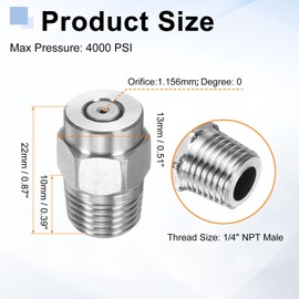 HARFINGTON 4pcs Surface Clean Tip 0 Degree 1/4 Inch NPT Male 1.156 Orifice 4000 PSI Stainless Steel Threaded Pressure Washer Spray Nozzles for Water Guns Water Broom