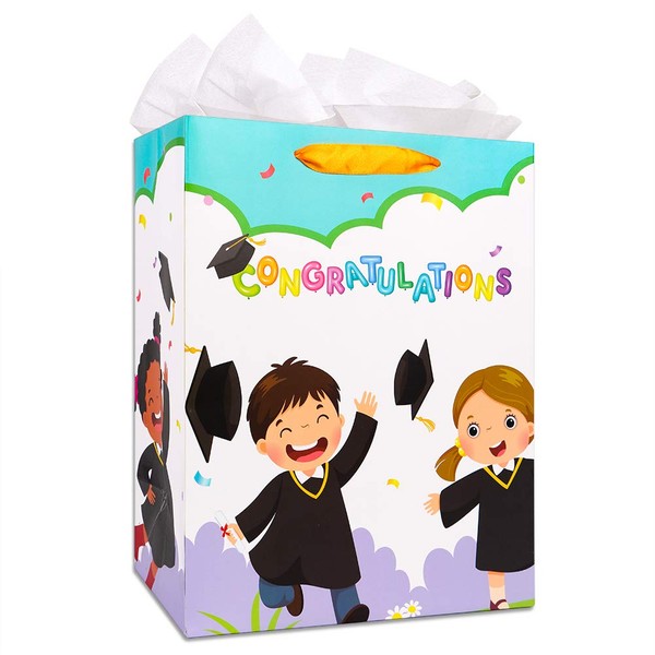 WaaHome Kindergarten Graduation Gift Bag for Kids, 13''x10.5''x5.8'' Large Congratulations Graduation Gift Bags with Handle and Tissue Paper, Graduation Gift Bags for Kindergarten Preschool Pre-K