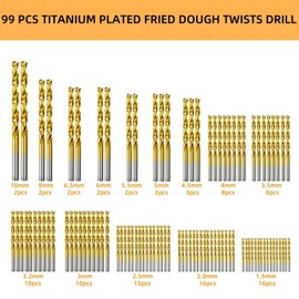 99 Pcs Titanium Coated Drill Bit Set, 135 Degree Tip HSS Drill Bits Kit for Steel, Aluminum, Copper, Soft Alloy Steel, Wood, Plastic Size from 1/16" to 3/8" (Plastic Bag)