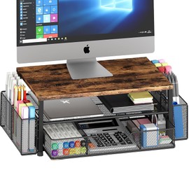 OPNICE Wood Desk Organizers and Accessories, 2-Tier Computer Monitor Stand Riser with Drawer and 2 Pen Holders, Laptop Stand, Office Desk Accessories for Office Supplies, Brown