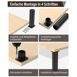 Kolamom Set of 4 Height-Adjustable Furniture Feet Made of Aluminium Alloy and PVC, 10-12 cm, Round, Black, Maximum Load 200 kg, Universal Furniture Legs for Sofa, Coffee Table, TV Cabinet and Bathroom