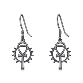 PROESS Black Ankh Cross Earrings 925 Sterling Silver Ankh Dangle Earrings Egyptian Protection Jewellry Anniversary Birthday Gifts for Men Women