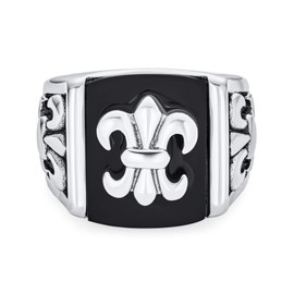 Bling Jewelry Personalize Men's Simulated Black Onyx Fleur De Lis Square Signet Ring for Men Silver Tone Stainless Steel