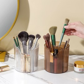 Gidary Makeup Brush Holder,Transparent Makeup Organizer,4 Slot Makeup Brushes Cup,for Vanity Decor,Bathroom Countertops,Desk Storage Container,Cosmetic Display cases (Clear White