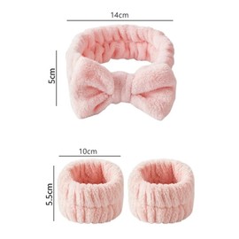Spa Face Headband Wrist Wash Bands Set, 4 Pieces Spa Bowknot Hair Bands with 4 Pairs Wrist Wash Bands, Coral Fleece Makeup Bow Headband for Washing the Face Shower, Yoga, Sports, Skin Care