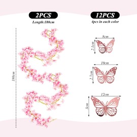 OAOSDH 2 pieces simulated flower rattan and 12 pieces 3D butterfly wall stickers, wedding decoration, home decoration, creative decoration.
