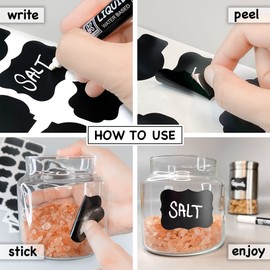 Chalkboard Labels Roll for Jars 220pcs - Waterproof Reusable Chalk Sticker Labels for Containers Storage Jars in 12 Unique Shapes - Includes Erasable Liquid Chalk Marker & Mini Towel