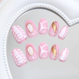 MERVF Press on Nails Short Oval Fake Nails Gold Y2K Glue ons Acrylic Nail Animal Print Crocodile Design Manicure Supplies Glossy 24pcs