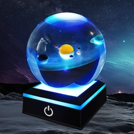 LOSCHEN 3D Solar System Crystal Ball with LED Colorful Base, 80mm(3 inch) Glass Sphere, Solar System Globe Crystal Ball for Outer Space Astronomy Gifts Room Decor