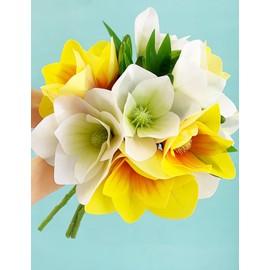 cosybeau Artificial Magnolia Flowers (Not Included Vase), 12Heads Short Magnolia Stems Realistic Soft Plastic Flower for Wedding Bouquet, Home,Hotel Decor (6, 3white+3yellow)
