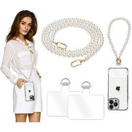 Turkalla 2Pcs Pearl Phone Crossbody Lanyard and Wrist Phone Strap,Universal Phone Strap Cell Phone Lanyard Crossbody Strap Phone Chain with 2× Tether Tab for Most Phones Bag Purse