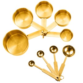 Measuring Cups and Spoons Set of 9, Stainless Steel Handle with Metric and US Measurements, Golden Polished Finish, Dry & Liquid Ingredient Measuring Cup for Cooking and Baking